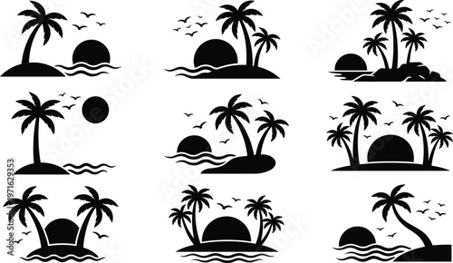 Tropical island silhouettes with palm trees and sunset scenes