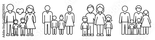 Simple outline style illustration depicting four different types of families