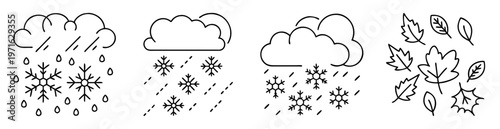 Vector illustration of weather conditions featuring rain, snow, and autumn leaves