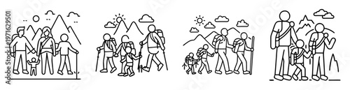 Family Adventures Together Outdoor Hiking Exploration Cartoon Icon Set in Black Outline