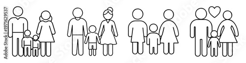 Diverse family stick figures, showcasing traditional and modern family structures