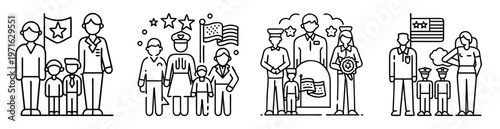 Various professions and patriotic events represented by stick figure family groups