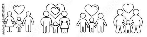 Illustrations of loving family dynamics with parents children and hearts overhead