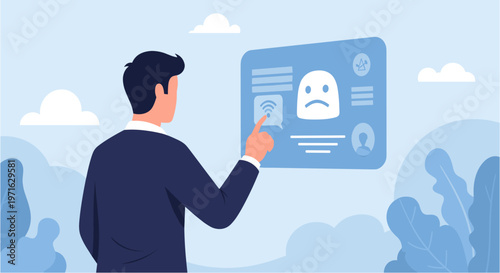 A man interacts with a digital interface displaying a sad emoji and network issues, symbolizing online frustration and poor connectivity.