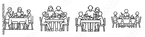 stylized illustration of families enjoying meals together at tables with food