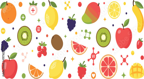 Healthy fruit collection with vitamins and nutrition symbols featuring apples citrus kiwi berries and tropical fruits for wellness design, diet concepts, and creative projects.