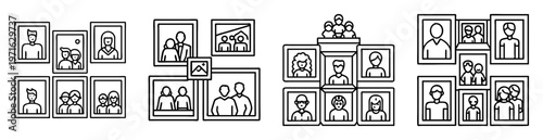Collection of stylized family portrait illustrations in various frames and arrangements