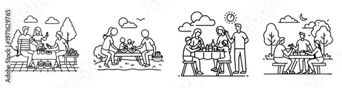 Line art illustrations depicting families enjoying picnics in outdoor settings with food