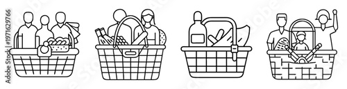 Four picnic baskets with various contents and family members illustration