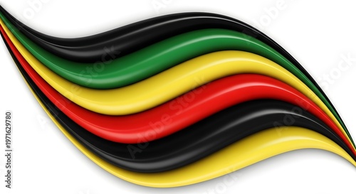 Abstract wave design with flowing stripes in black, green, yellow, and red colors isolated on white background