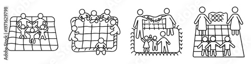 Outlined images of families in different situations on checkered surfaces