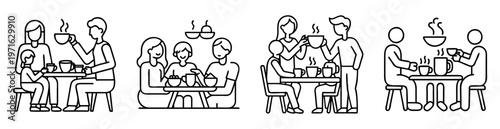 Outlined illustration showing various families enjoying meals at a table