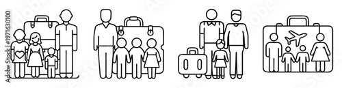 Stick figure family travel illustration with luggage ready for a vacation