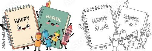 happy book and stationary pen pencil class room vector illustration of children learning kid color book