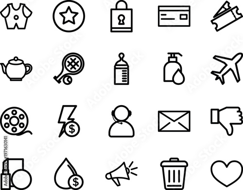Diverse universal line vector icon set, credit card, airplane, baby bottle, email, trash, heart, lock, money