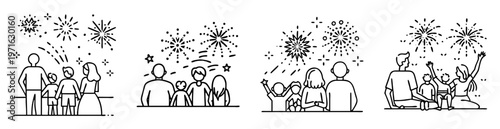 Line art illustration of families enjoying fireworks display at a celebration