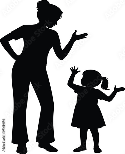 Silhouette of and child holding hands against light background black figures de