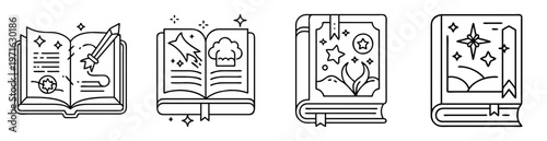 Line art illustrations of open and closed books featuring different themes