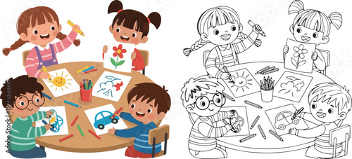 happy book and stationary pen pencil class room vector illustration of children learning kid color book