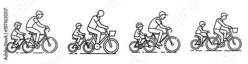 Line drawing depicting a parent and child riding bikes together side by side