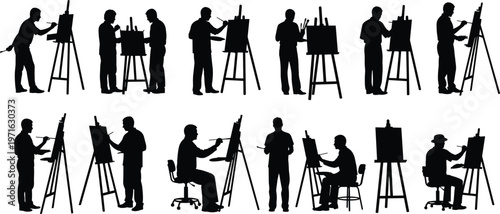 Large collection of black artist silhouettes featuring male painters standing and sitting while painting on easels isolated on white background for creative art concepts.