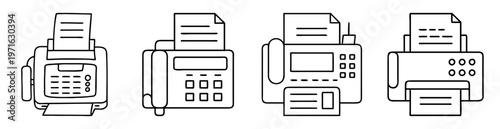 Outline illustration showcasing vintage office machines with paper output and phone receivers