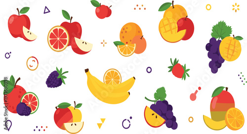 Fresh fruit elements set with apples citrus bananas grapes and tropical fruits in colorful flat style for healthy food design, packaging, menus, and creative projects.