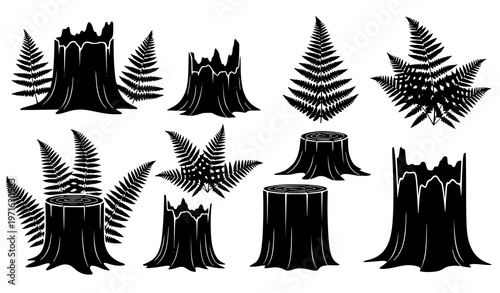 Ferns and tree stump silhouettes flat vector set