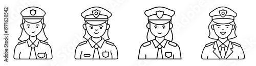 Line drawing illustration featuring four female police officers wearing police hats