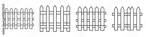 Four different types of wooden picket fences with different designs