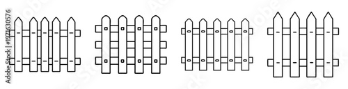 Four different designs of picket fences in black and white illustration