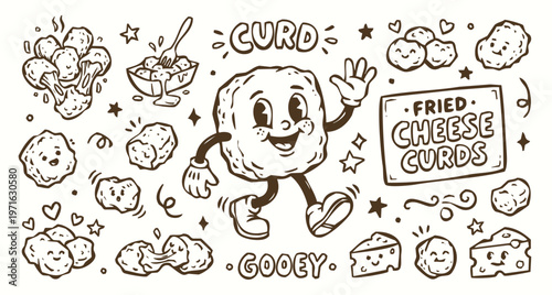 Vintage 1930s Rubber Hose Style Fried Cheese Curd Character and Snack Doodle Set