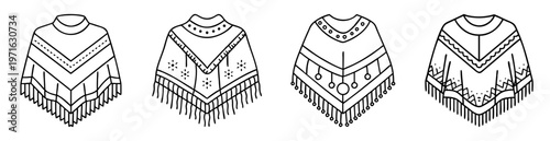 Four unique handdrawn poncho designs with diverse fringe and ornamentation