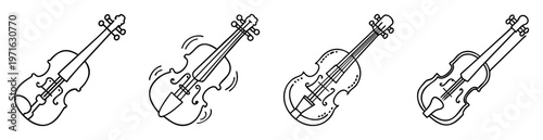 Four Violins in Different Styles Vector Illustration Set in Black and White