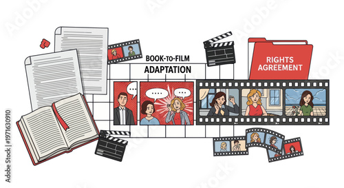 Book to film adaptation, movie production, film strip, comic book, rights agreement, vector illustration