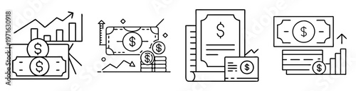 Financial growth and business success icons with rising charts and money