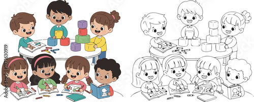 happy book and stationary pen pencil class room vector illustration of children learning kid color book