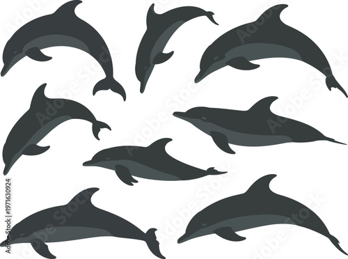 Dolphin fish silhouette set, animal logo mascot symbols web icons sticker design collection minimal style