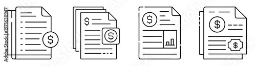 Financial documents and reports containing currency symbols and graphic representations