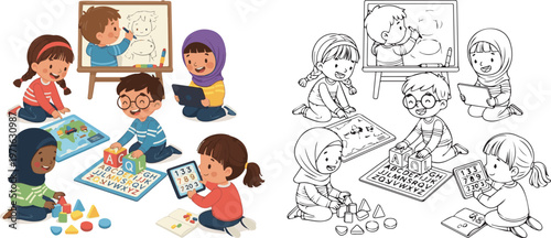 happy book and stationary pen pencil class room vector illustration of children learning kid color book