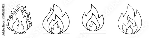 Black and white outline illustrations of four different fire designs, flames