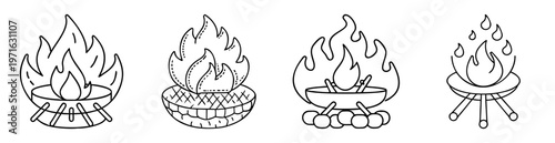 Four unique bonfires or fire pits with roaring flames in line art
