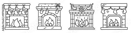 Collection of four fireplaces with Christmas stockings in black outline illustration