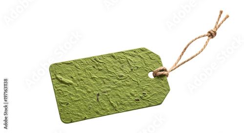 Bild auf Leinwand Green textured gift tag with twine isolated.