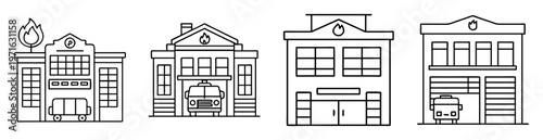 Black and white line drawing of four different fire stations