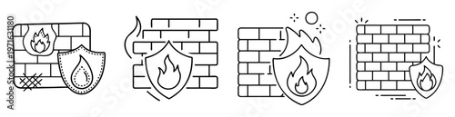 Multiple firewall icons depicting security with brick walls and shields containing flames