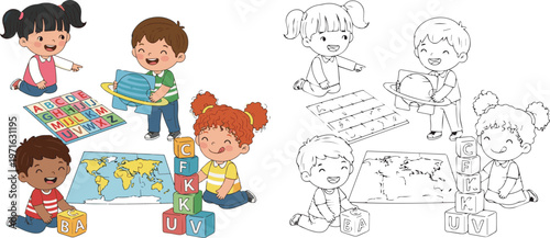 happy book and stationary pen pencil class room vector illustration of children learning kid color book