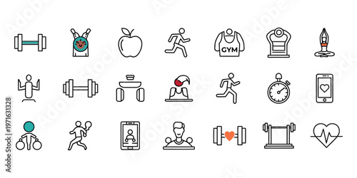 collection of minimalist line art icons depicting various fitness and exercise equipment description a set of simple black and