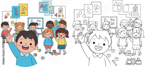 happy book and stationary pen pencil class room vector illustration of children learning kid color book