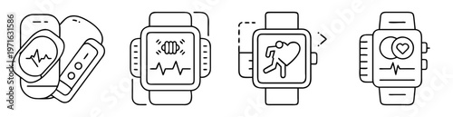 Iconic Illustration of Smartwatches and Pedestrian, Black and White Line Art